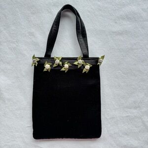 Bloomingdale’s Black Silk Mini Evening Bag with Lavender Flowers